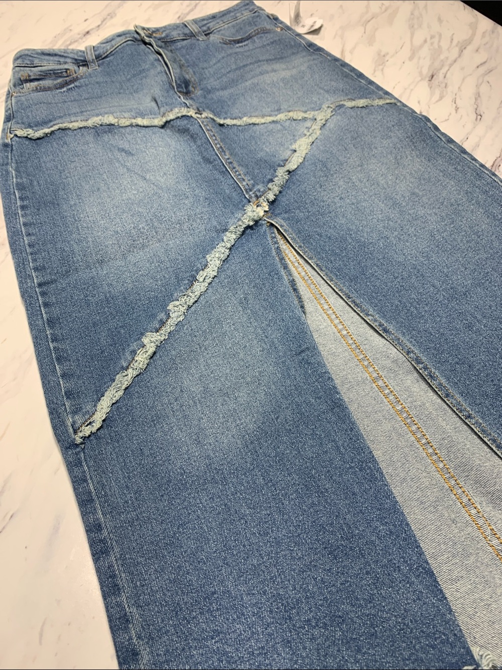 Frayed-Trim Blue Denim Maxi Skirt with Front Slit - Picture 2 of 9